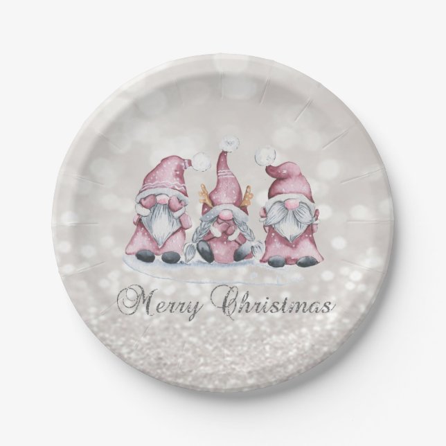Merry Christmas,Glitter Bokeh,Cute Pink Gnomes  Paper Plates (Front)
