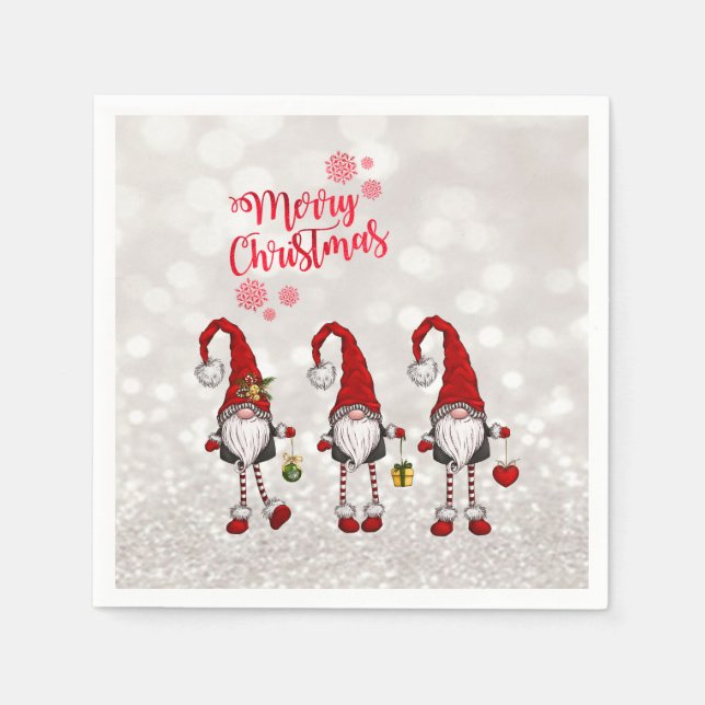 Merry Christmas,Glitter Bokeh,Cute Red Gnomes  Napkins (Front)