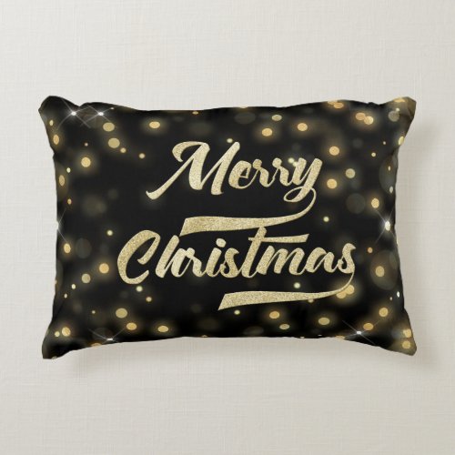 Merry Christmas Glitter Bokeh Gold Black Accent Pillow