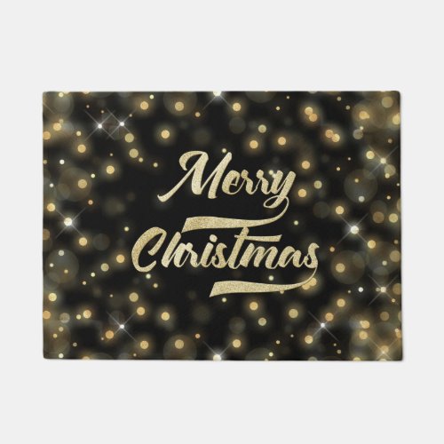 Merry Christmas Glitter Bokeh Gold Black Doormat