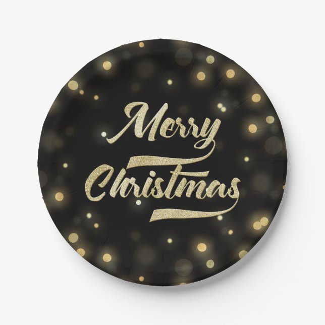 Merry Christmas Glitter Bokeh Gold Black Paper Plates (Front)