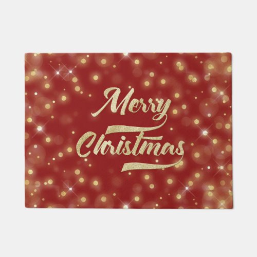 Merry Christmas Glitter Bokeh Gold Red Doormat