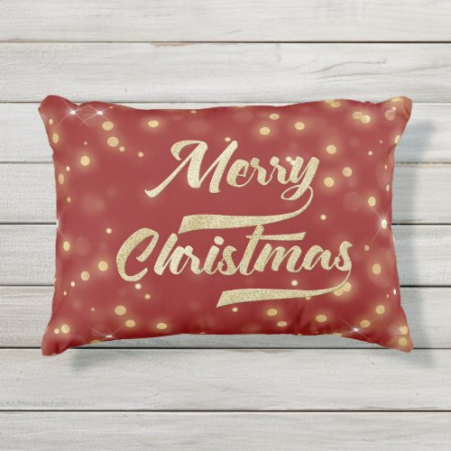 Merry Christmas Glitter Bokeh Gold Red Outdoor Pillow