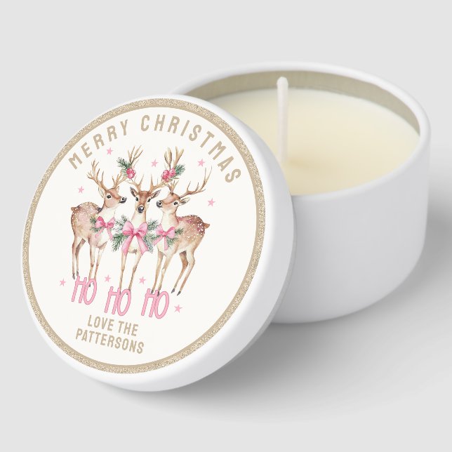 Merry Christmas Glitter Reindeer Personalized Name Mini Candle Favors (Corner)