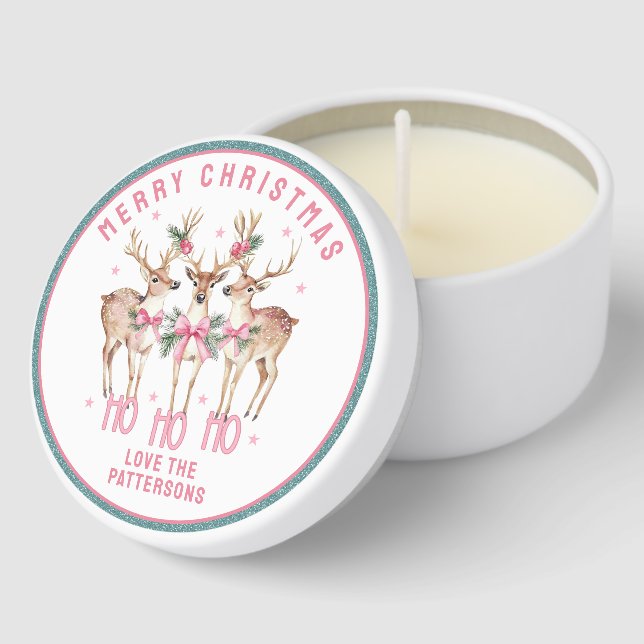 Merry Christmas Glitter Reindeer Personalized Name Mini Candle Favors (Corner)