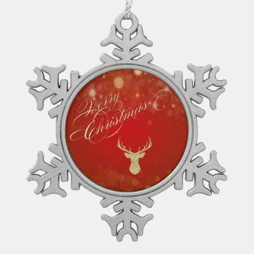 Merry Christmas Glitter Reindeer Snowflake Pewter Christmas Ornament