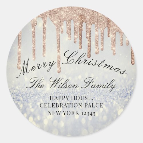 Merry Christmas Glitter RSVP Rose  Smoky Blue Classic Round Sticker