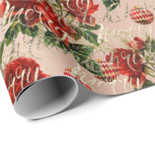 Merry Christmas Glitter Script Rose Gold Baubles Wrapping Paper