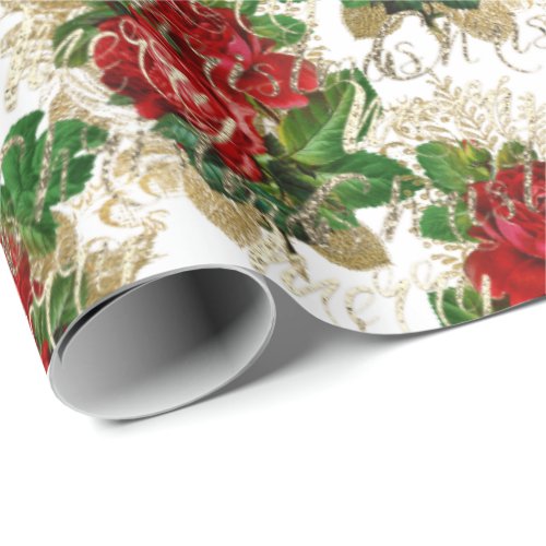 Merry Christmas Glitter Script Rose Gold Red White Wrapping Paper