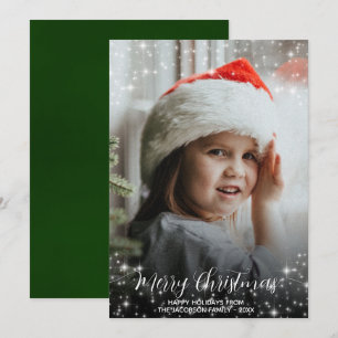 Merry Christmas Glitter Stars Photo Overlay Green Holiday Card