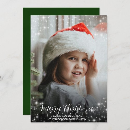 Merry Christmas Glitter Stars Photo Overlay Green Holiday Card