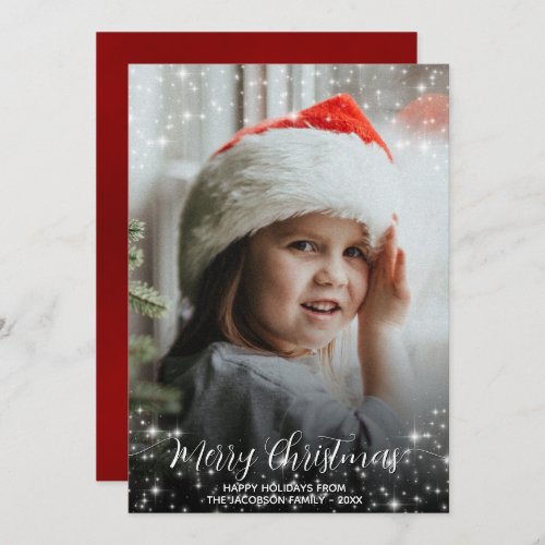Merry Christmas Glitter Stars Photo Overlay Red Holiday Card