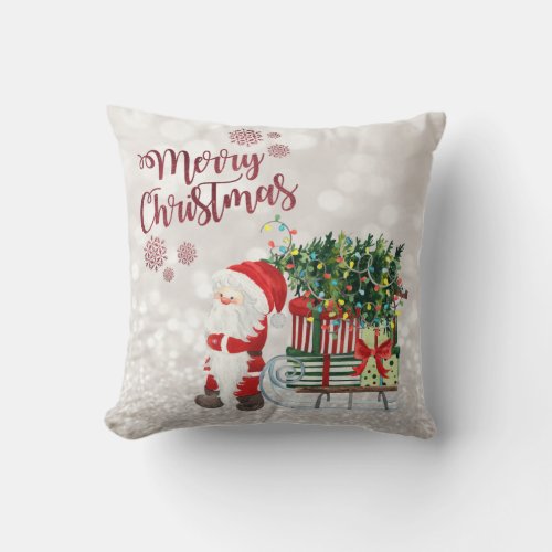 Merry ChristmasGlittery BokehCat With Santa Hat  Throw Pillow