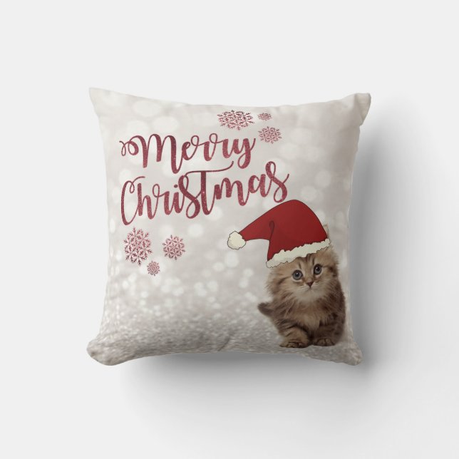 Merry Christmas,Glittery Bokeh,Cat With Santa Hat Throw Pillow (Front)