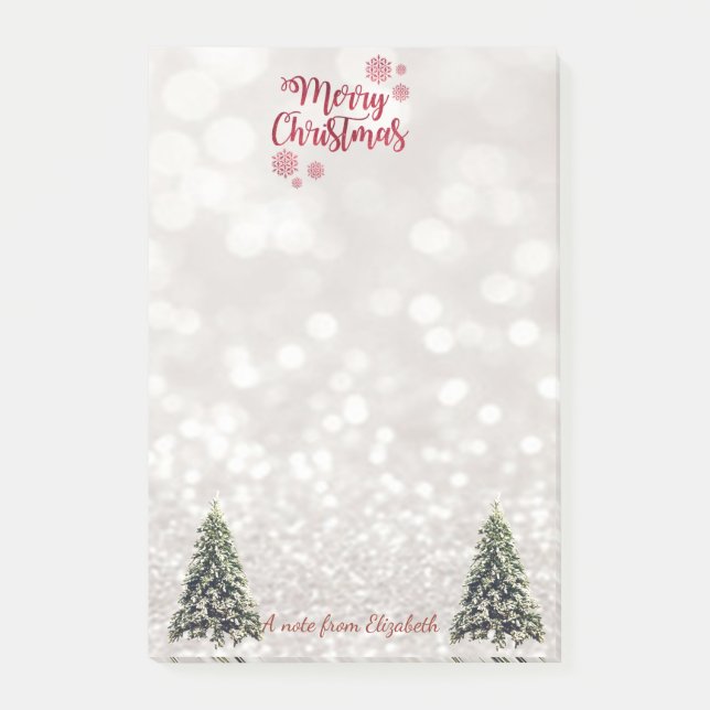 Merry Christmas,Glittery Bokeh ,Pine Trees Post-it Notes (Front)