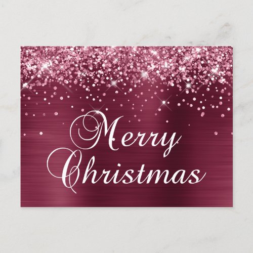 Merry Christmas Glittery Burgundy Red Foil Holiday Postcard