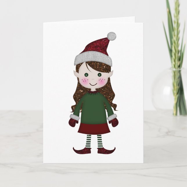 Merry Christmas Glittery Elf Girl Winter Red Green Holiday Card (Front)