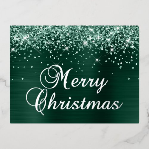 Merry Christmas Glittery Pine Green Foil Holiday Postcard