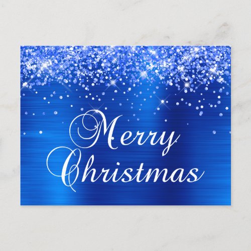 Merry Christmas Glittery Royal Blue Foil Holiday Postcard