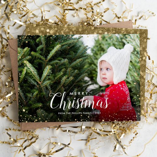 Merry Christmas  Glitz Faux Glitter Photo Overlay Holiday Card