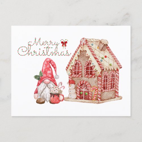Merry Christmas Gnome and Gingerbread House  Holiday Postcard