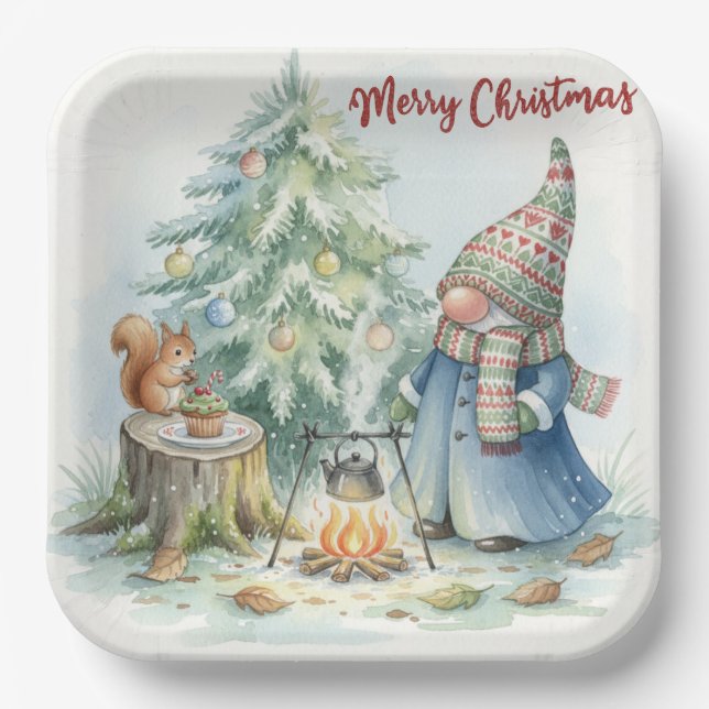 Merry Christmas Gnome and the Christmas Tree  Paper Plates (Front)