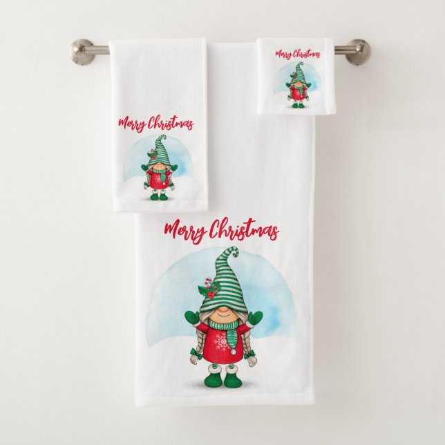 Merry Christmas Gnome Bath Towel Set (Insitu)