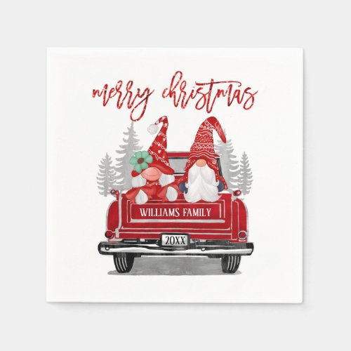 Merry Christmas Gnome Couple Vintage Red Truck  Napkins