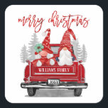 Merry Christmas Gnome Couple Vintage Red Truck  Square Sticker<br><div class="desc">These cute holiday stickers feature a gnome couple wearing red fair aisle hats sitting in the back of a vintage red truck. Above in modern script it reads "Merry Christmas". Personalize with a name and year on the back of the truck. Designed by Susan Coffey.</div>