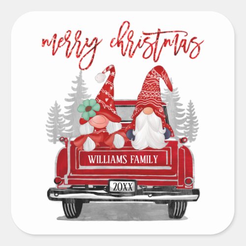 Merry Christmas Gnome Couple Vintage Red Truck  Square Sticker