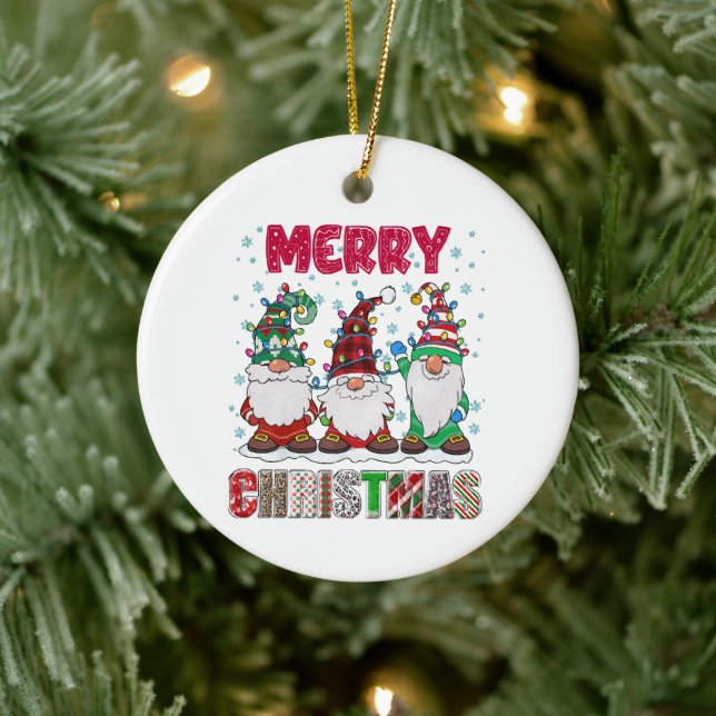 Merry Christmas Gnome Family Funny Xmas Tree Ceramic Ornament (Tree)