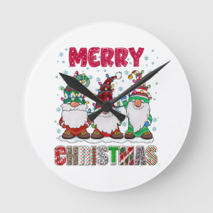 Merry Christmas Gnome Family Funny Xmas Tree Round Clock