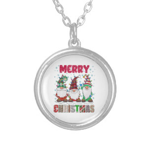 Merry Christmas Gnome Family Funny Xmas Tree Silver Plated Necklace