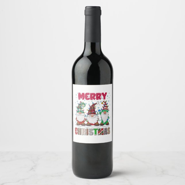 Merry Christmas Gnome Family Funny Xmas Tree Wine Label (Front)