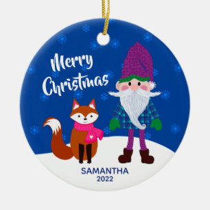 Merry Christmas Gnome Fox Personalized Night Blue Ceramic Ornament
