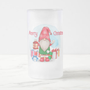 Merry Christmas Gnome Frosted Glass Beer Mug