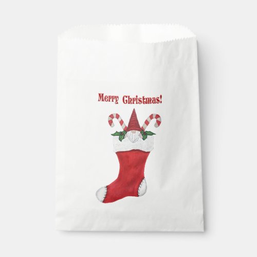Merry Christmas Gnome in Red Stocking Candy Canes Favor Bag