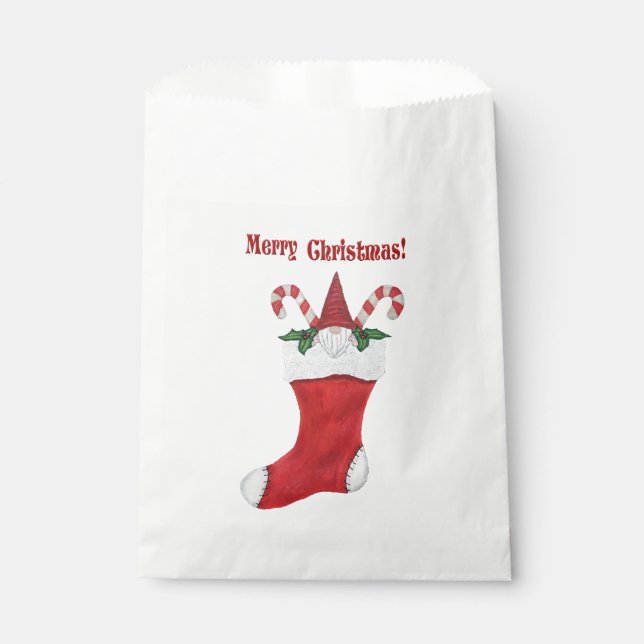 Merry Christmas Gnome in Red Stocking Candy Canes Favor Bag (Front)
