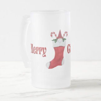 Merry Christmas Gnome in Red Stocking Candy Canes Frosted Glass Beer Mug