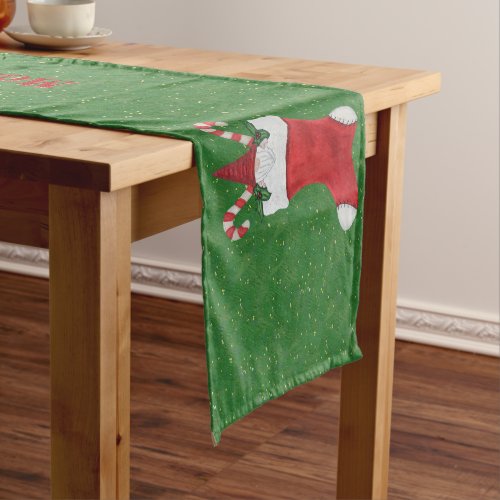 Merry Christmas Gnome in Red Stocking Candy Canes Short Table Runner