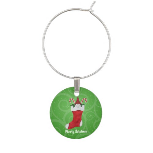 Merry Christmas Gnome in Red Stocking Candy Canes Wine Charm