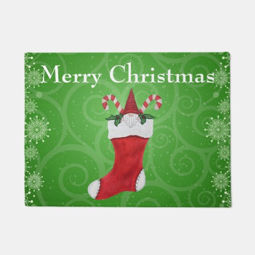 Merry Christmas Gnome in Red Stocking Green Swirls Doormat