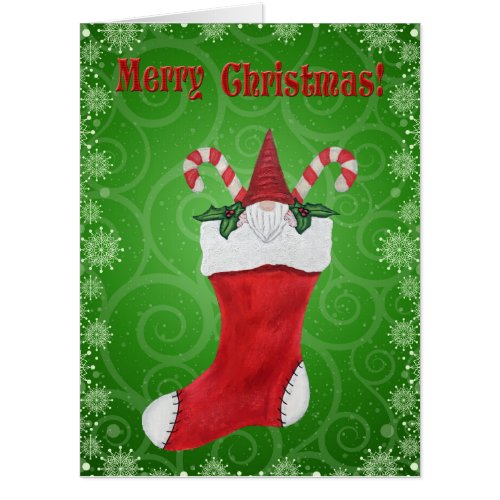 Merry Christmas Gnome in Stocking Candy Cane Green Card