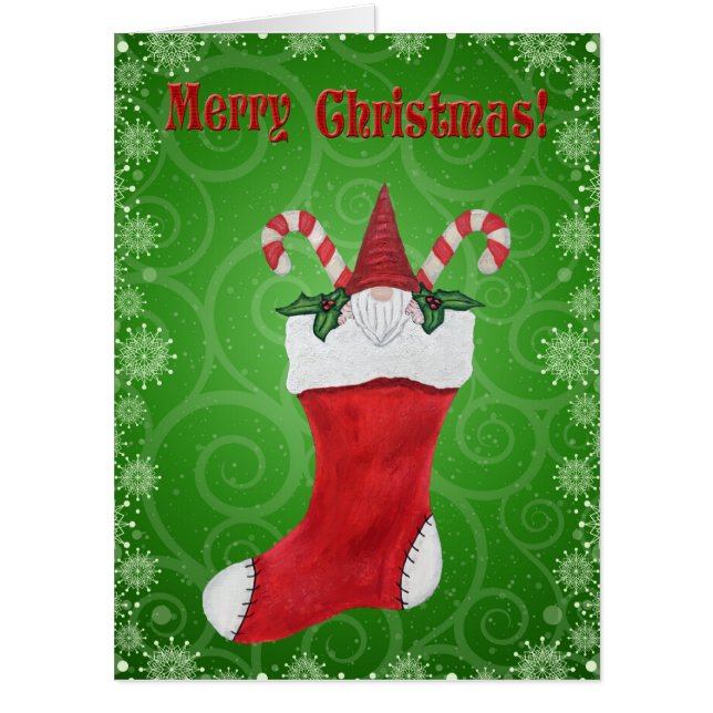 Merry Christmas Gnome in Stocking Candy Cane Green Card (Front)