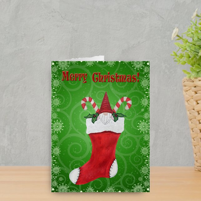 Merry Christmas Gnome in Stocking Candy Cane Green Card (Cute gnome red hat candy canes in red stocking on green Merry Christmas oversized greeting card.)
