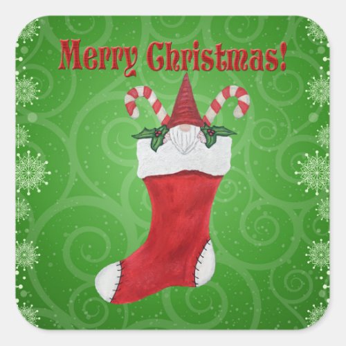 Merry Christmas Gnome in Stocking Candy Cane Green Square Sticker