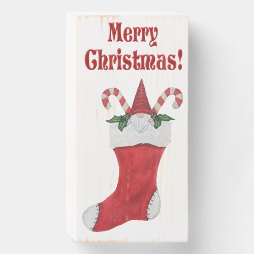 Merry Christmas Gnome in Stocking Candy Canes Wooden Box Sign