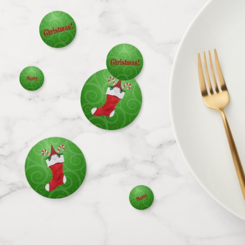 Merry Christmas Gnome in Stocking Green Swirls Confetti