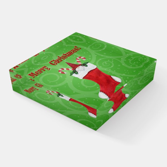 Merry Christmas Gnome in Stocking Green Swirls Paperweight (Angled)