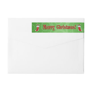 Merry Christmas Gnome in Stocking Green Swirls Wrap Around Label
